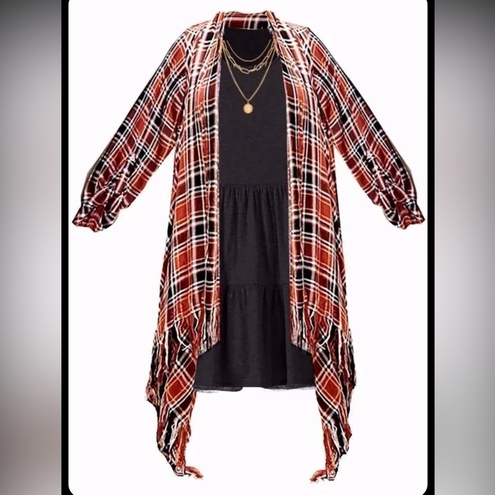 Rare Editions Checkered Plaid Fringe Trim Casual Open Front Cardigan Sweater